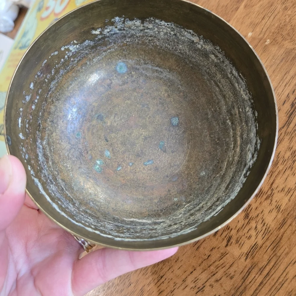 Etched Brass Floral Vintage Patina Bowl Dish Red Blue